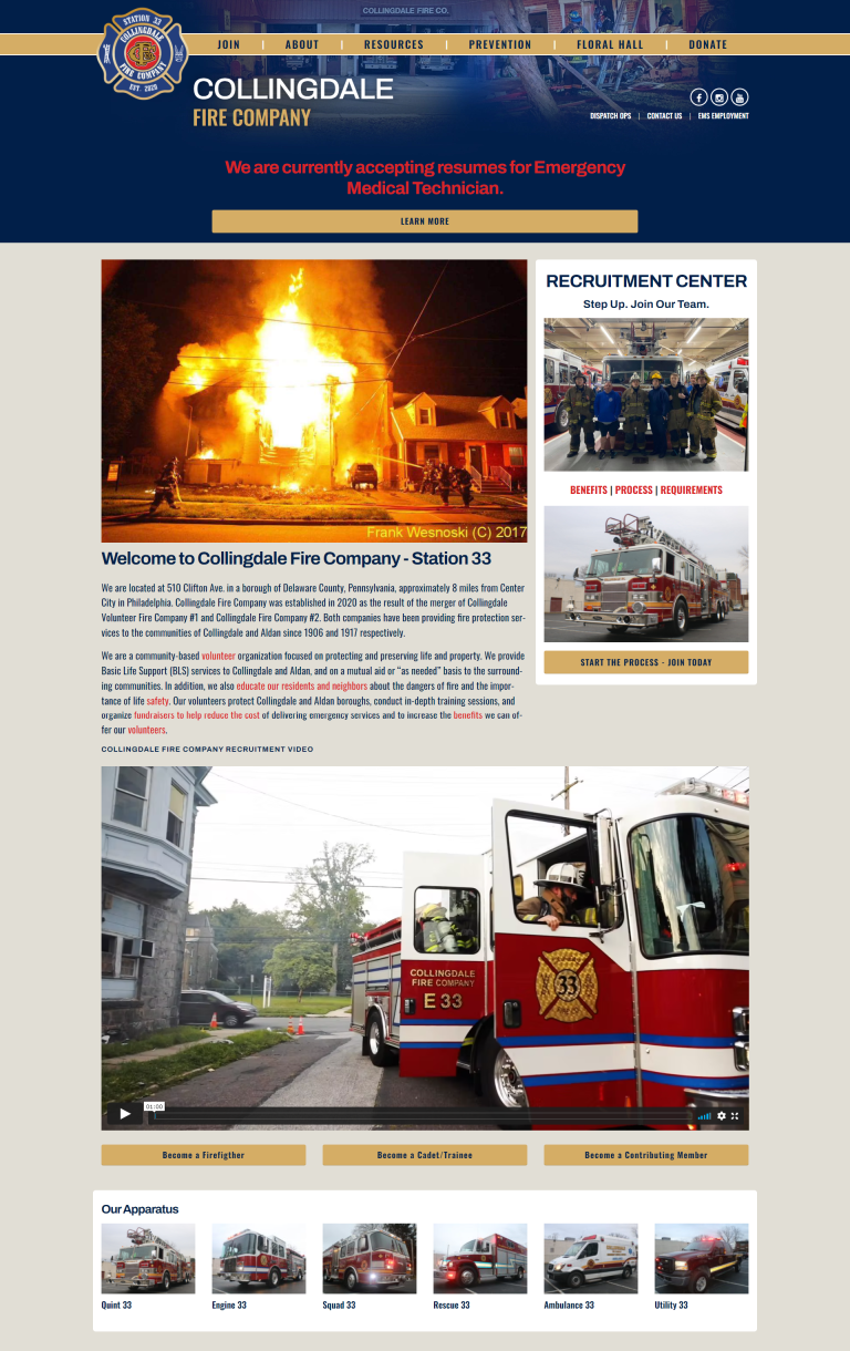 Screenshot of the Collingdale Fire Company website showing a header, a banner for EMT recruitment, a photo of a house fire, information about the company, images of fire trucks, and a recruitment section on the right.