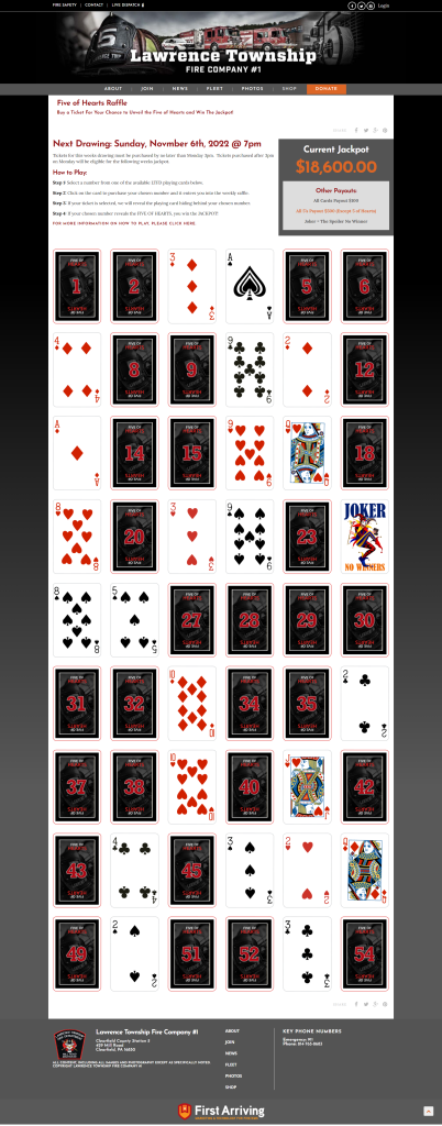Screenshot of a virtual Queen of Hearts raffle board. Most playing cards are face down; some are face up, revealing various cards. Jackpot amount is $16,600.00. Instructions, raffle info, and sponsor logos appear above and below.