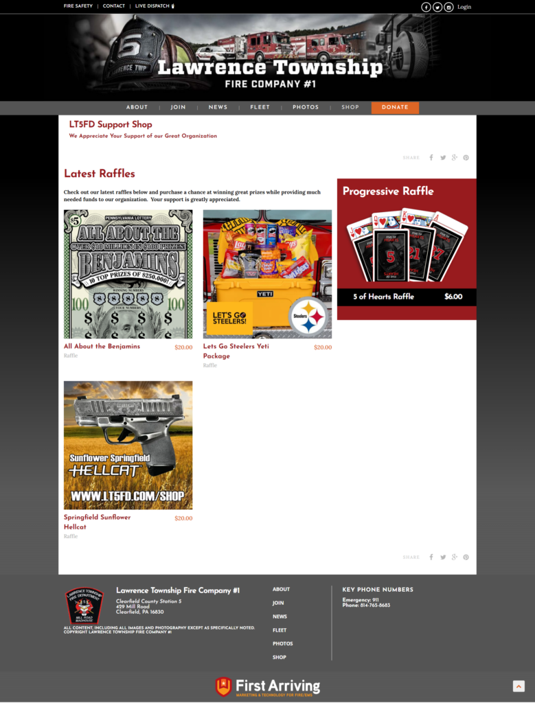 Screenshot of the Lawrence Township Fire Company #1 support shop webpage featuring various raffles, including cash, gift sets, and a sunflower wall print, with a sidebar for a progressive raffle and navigation menus.