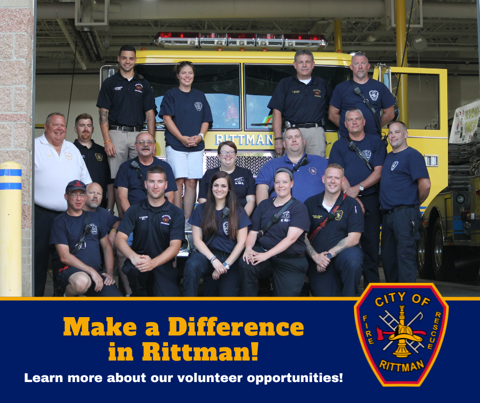 A group of firefighters and volunteers pose in front of a yellow fire truck. Text below reads: "Make a Difference in Rittman! Learn more about our volunteer opportunities!" A City of Rittman Fire & Rescue emblem is shown.