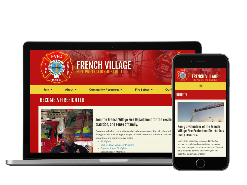 A laptop and a smartphone display the French Village Fire Protection District website, featuring information about becoming a firefighter and volunteer benefits. The site has a red and yellow theme with the fire department emblem visible.