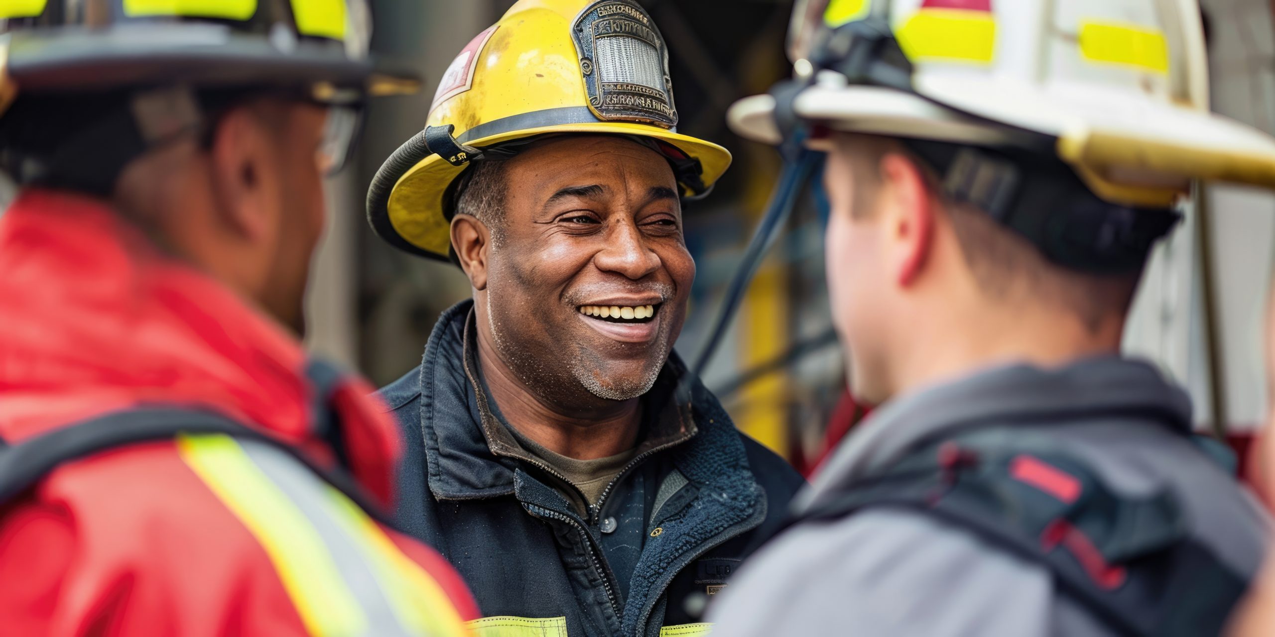 A smiling firefighter in a yellow helmet talks with two colleagues in uniform, suggesting camaraderie and teamwork at a fire station.