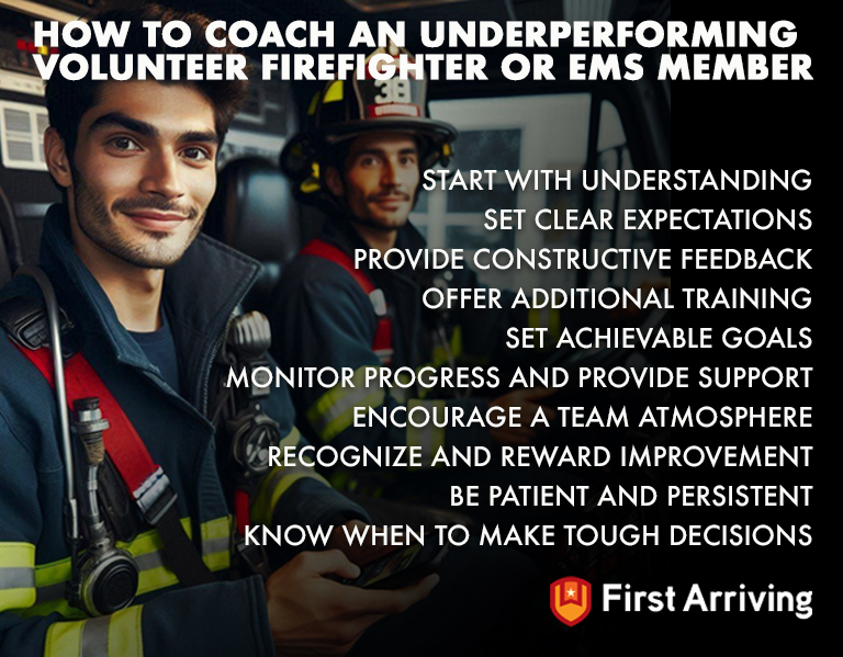 Two firefighters in uniform sit in a fire truck. Overlaid text lists coaching tips for underperforming volunteer firefighters or EMS members, including setting expectations, feedback, training, goals, support, and patience.