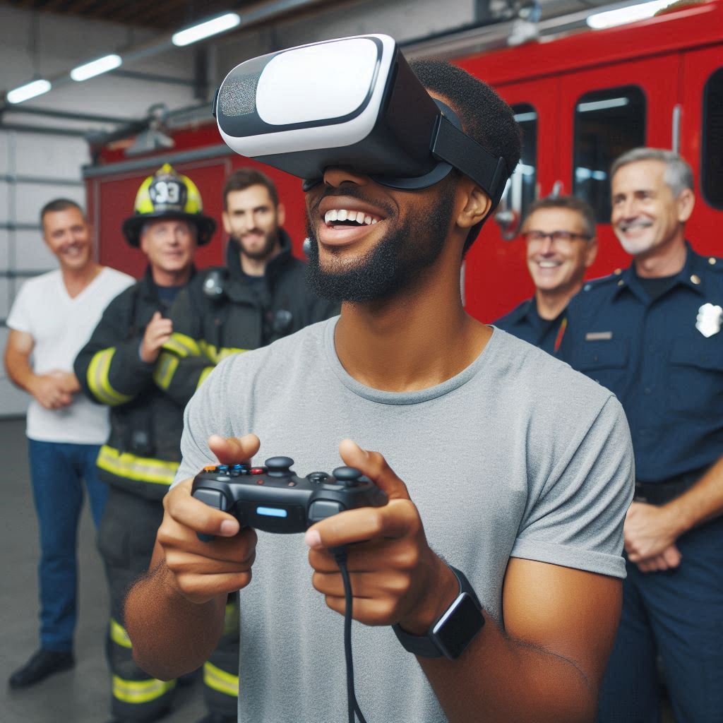 A smiling man wearing a VR headset holds a game controller, standing in front of a group of firefighters and a fire truck inside a fire station. The firefighters are watching and smiling.