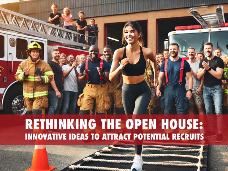 A smiling woman jogs in front of cheering firefighters and community members at a fire station open house event. A banner reads, "Rethinking the Open House: Innovative Ideas to Attract Potential Recruits.