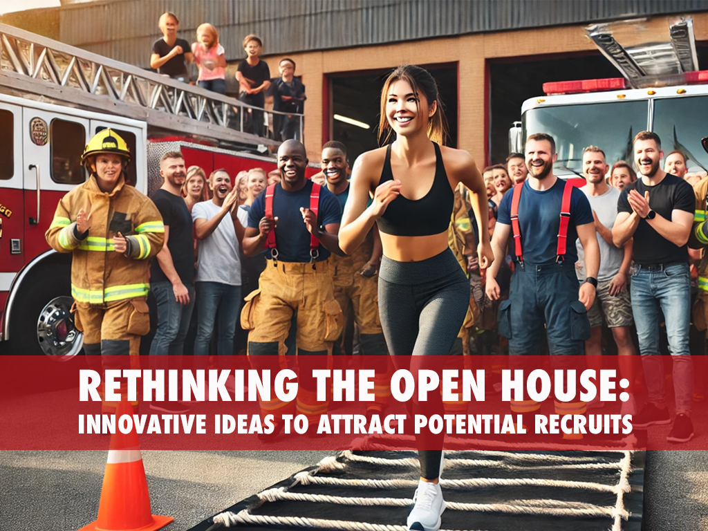 A smiling woman jogs in front of cheering firefighters and community members at a fire station open house event. A banner reads, "Rethinking the Open House: Innovative Ideas to Attract Potential Recruits.