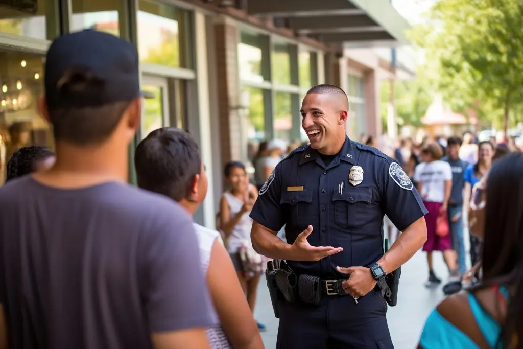 A smiling police officer talks and gestures with a small group of people outside on a city sidewalk, with a crowd and shops visible in the background.