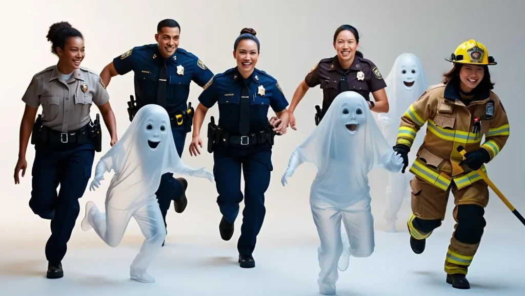 Five smiling first responders—three police officers, one firefighter, and one park ranger—run together alongside three people in playful ghost costumes against a plain background.