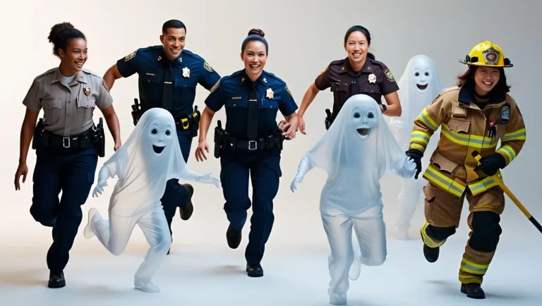 Five smiling first responders—three police officers, one firefighter, and one park ranger—run together alongside three people in playful ghost costumes against a plain background.