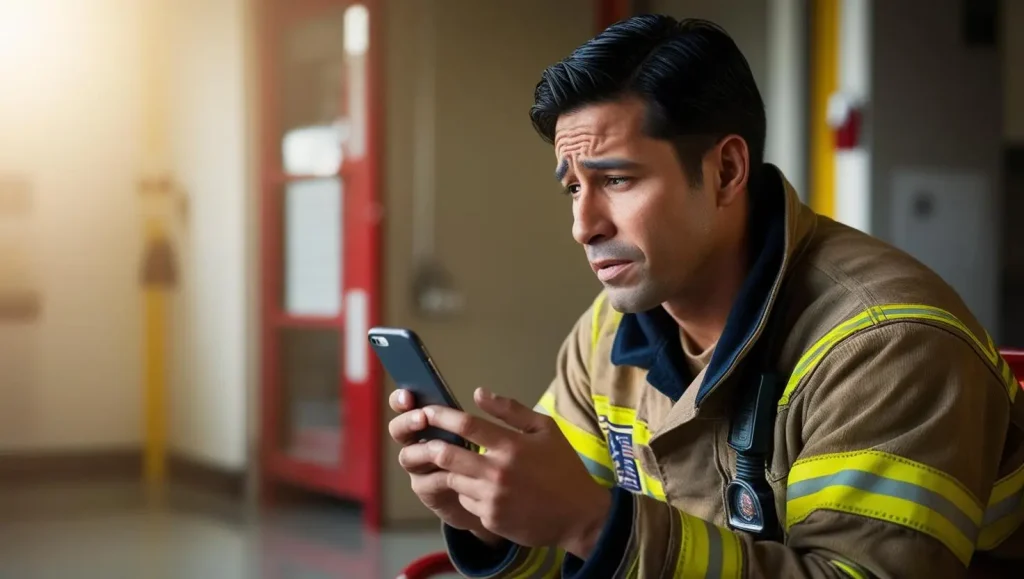 A firefighter in uniform sits indoors, looking concerned while holding and reading a smartphone, with emergency equipment visible in the blurred background.