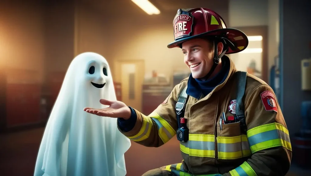 A smiling firefighter in uniform extends his hand toward a friendly, cartoon-like ghost with a happy face, inside a warmly lit fire station.