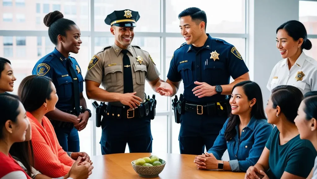 A group of police officers and civilians sit and stand around a table, smiling and talking together in a bright, modern room. There is a bowl of green apples on the table.