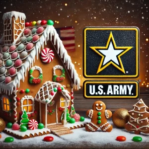 A festive gingerbread house with candy decorations sits next to a U.S. Army logo. A smiling gingerbread person and Christmas ornaments are in the snow, with an American flag in the blurred background.