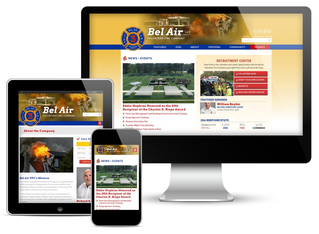 The Bel Air Volunteer Fire Company website is displayed on a desktop monitor, tablet, and smartphone, showing its responsive design with the company logo, menu, news, and a burning fire image.
