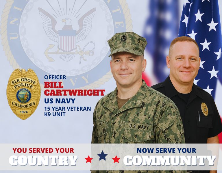 Two uniformed men, one in camouflage military attire and the other in a police uniform, stand smiling in front of an American flag. Text highlights Officer Bill Cartwright, a 15-year US Navy K9 unit veteran.