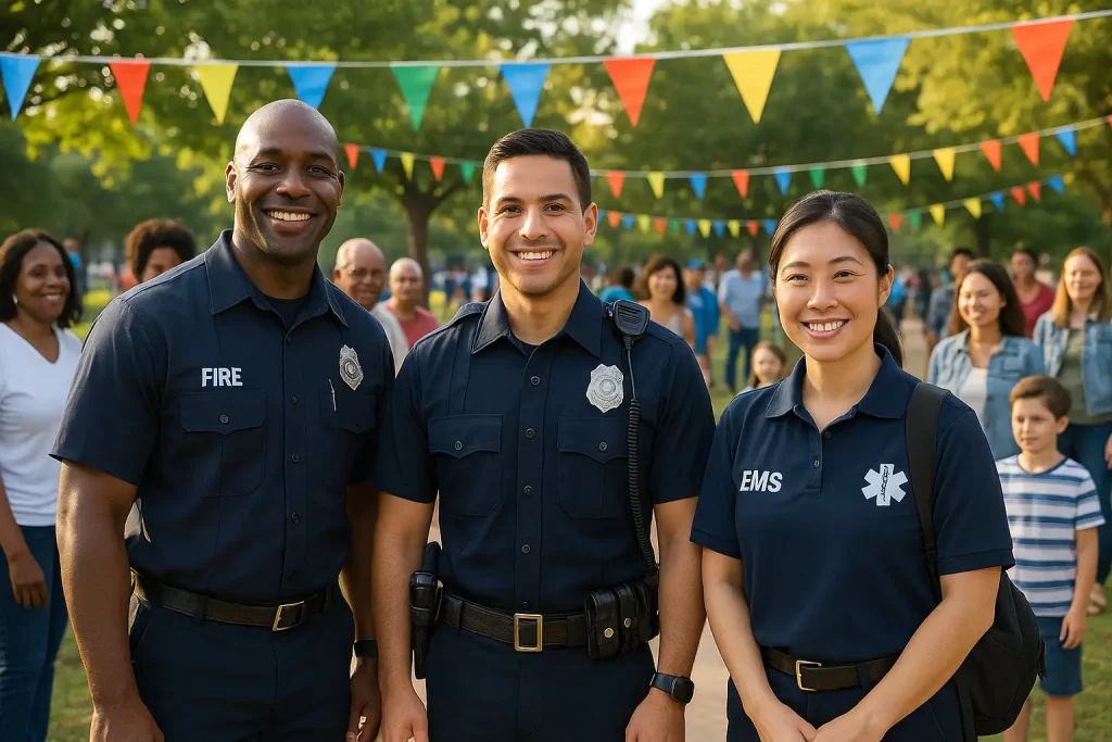 Three smiling emergency responders—a firefighter, a police officer, and an EMT—stand together outdoors at a community event, with people and colorful pennant banners in the background.