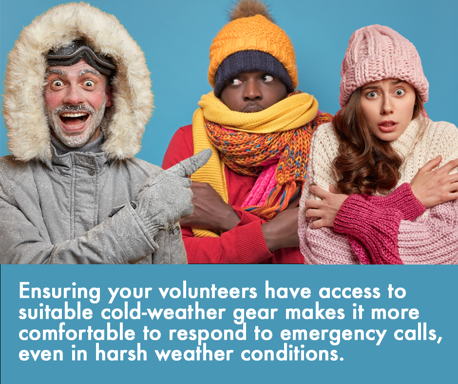 Three people dressed in winter clothing look cold and surprised, with one in a snow-covered coat and goggles, and two others wrapped in scarves and hats. Text below emphasizes the importance of proper cold-weather gear for volunteers.