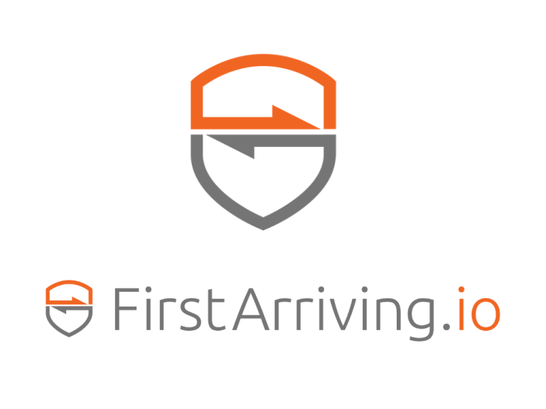 The FirstArriving.io logo features an orange and gray shield with an arrow inside above the text "FirstArriving.io," where "io" is colored orange and the rest is gray.