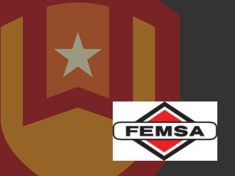 A red and gold shield with a star is in the background. In the foreground, there is a white box containing the FEMSA logo, with "FEMSA" written in black on a red and white diamond shape.