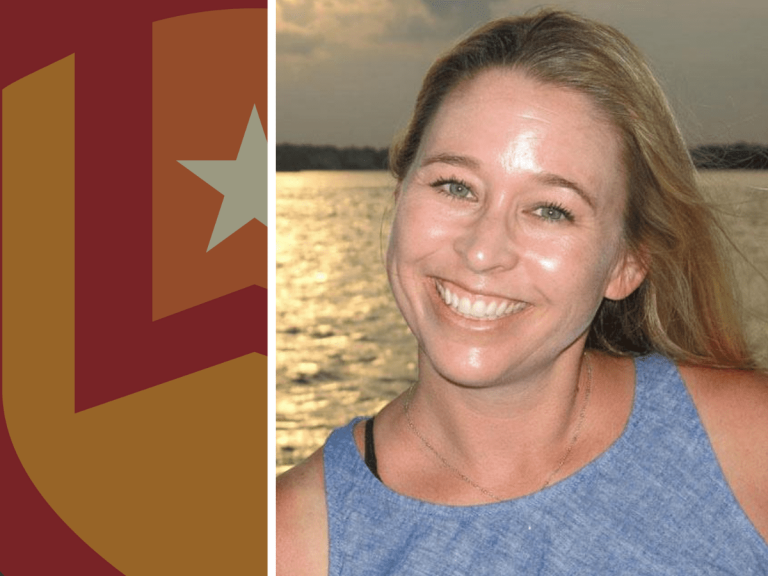 A smiling woman with light hair in a ponytail, wearing a blue sleeveless top, is outdoors near water at sunset. Next to her is a graphic with a red "L," a white star, and gold background.