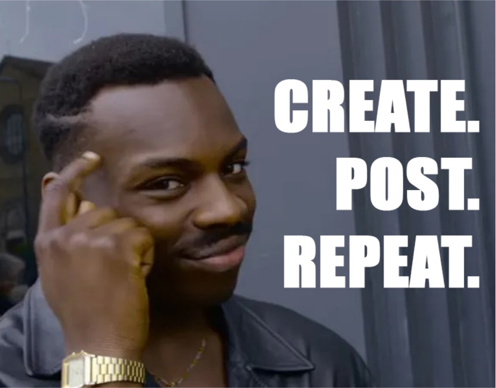 A person smiling and pointing to their head, standing next to large white text that reads: "CREATE. POST. REPEAT.