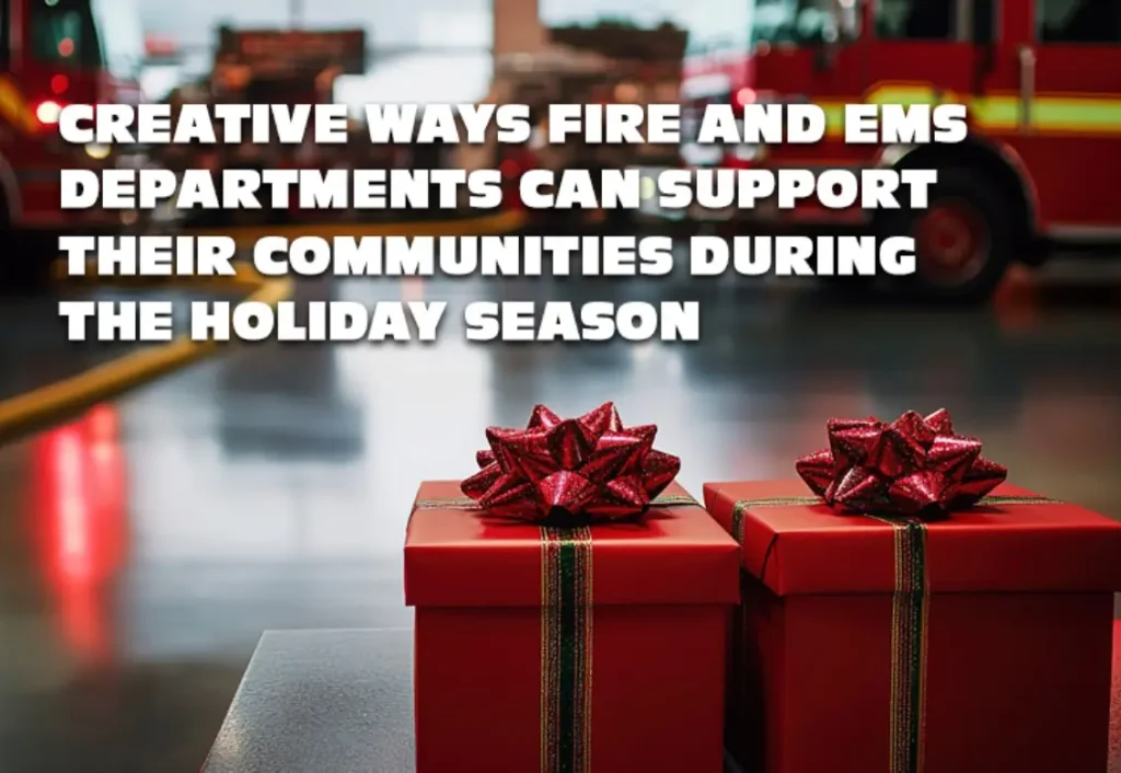 Two red gift boxes with bows sit on a table in front of fire trucks. Large text above reads, "Creative ways fire and EMS departments can support their communities during the holiday season.