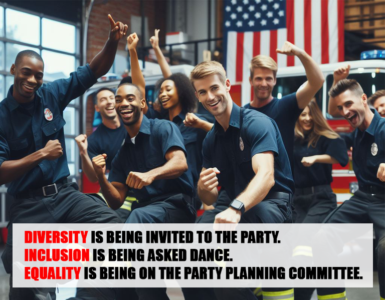 A diverse group of firefighters smiling and dancing together in a fire station, with an American flag in the background. Text overlay emphasizes diversity, inclusion, and equality at a party.