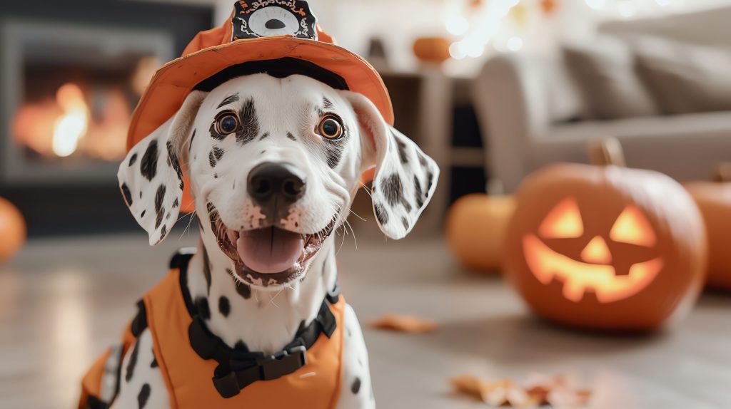 A Dalmatian dog wearing an orange Halloween costume and hat sits indoors, surrounded by carved pumpkins with glowing faces and autumn leaves, with a fireplace and sofa in the background.