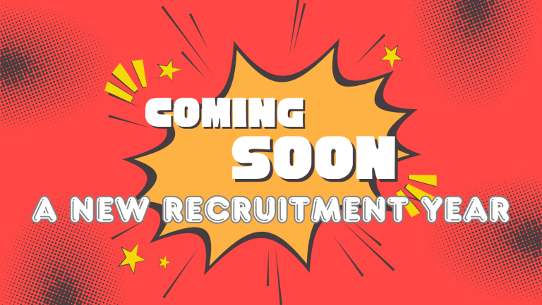 Comic-style graphic with a yellow explosion shape on a red background. Large white text reads “COMING SOON,” and below, “A NEW RECRUITMENT YEAR.” Yellow stars and rays decorate the image.