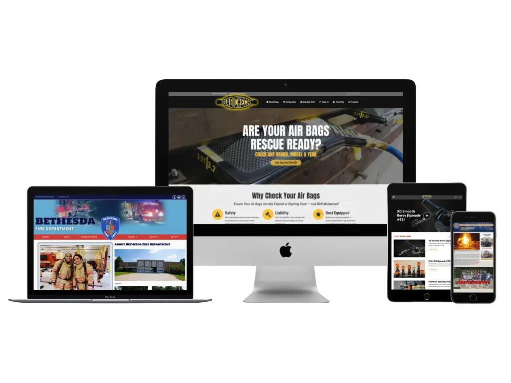 A laptop, desktop, tablet, and smartphone display different emergency services and rescue websites, showcasing responsive web design across multiple devices on a black background.