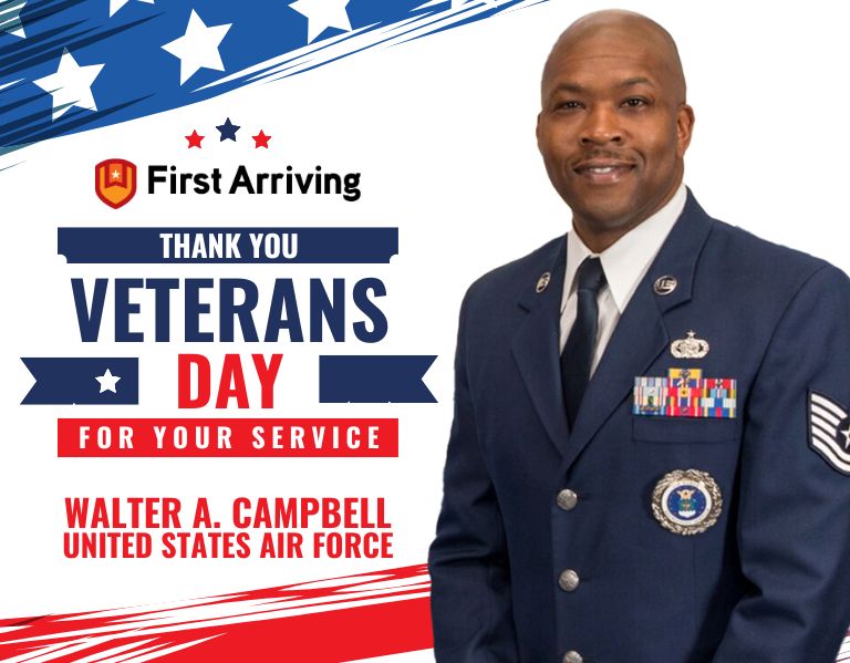 A smiling U.S. Air Force veteran in uniform stands next to a Veterans Day message thanking Walter A. Campbell for his service. The background features stars and patriotic colors of red, white, and blue.