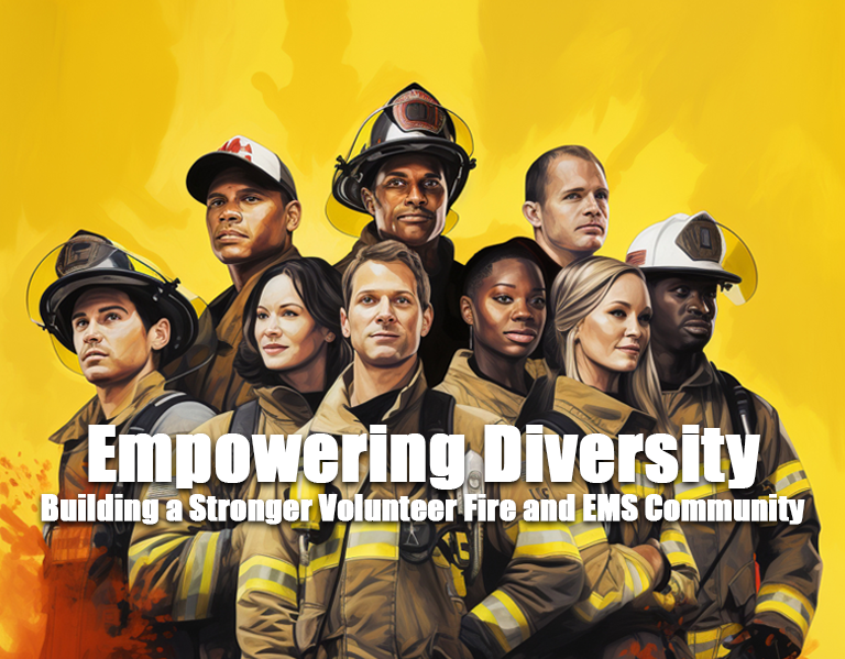 A diverse group of volunteer firefighters and EMS personnel stand together in uniform against a vibrant yellow background. Bold text reads, “Empowering Diversity: Building a Stronger Volunteer Fire and EMS Community.”.