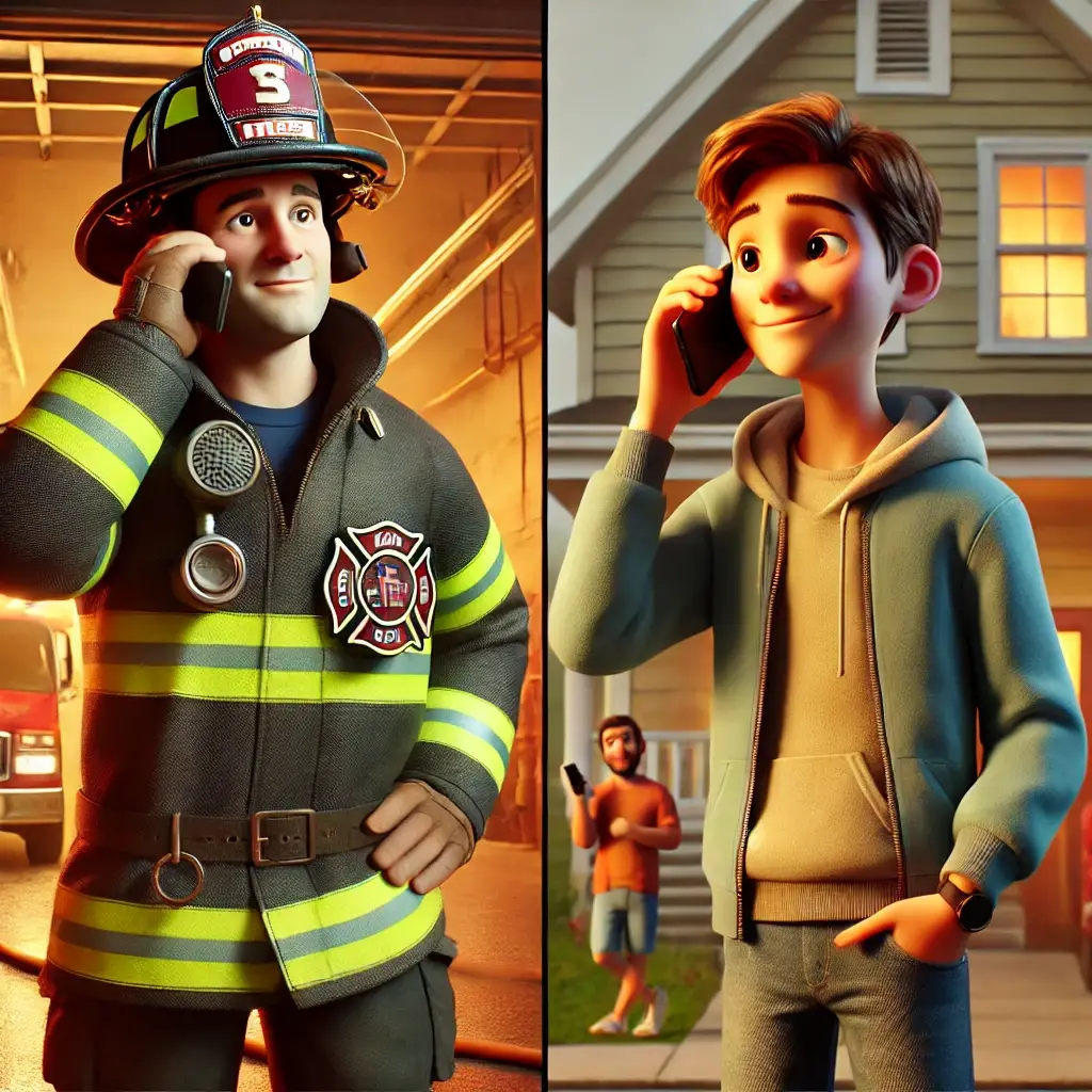 A firefighter in uniform talks on the phone inside a fire station, while a young man wearing a hoodie talks on his phone outside a house, with another person in the background.