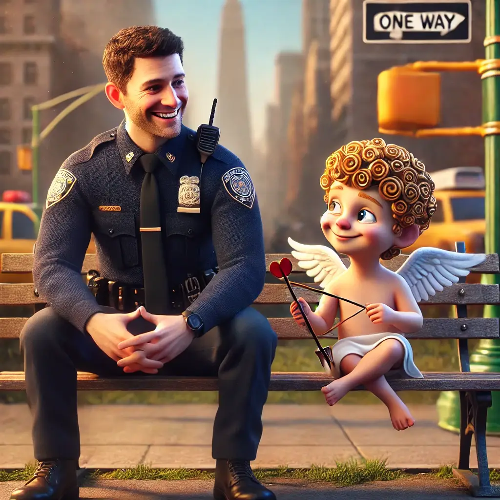 A smiling police officer sits on a bench beside a cartoonish cupid with wings, curly hair, and a bow and arrow. They are in a city setting with traffic lights and buildings in the background.