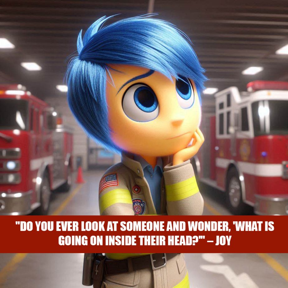 An animated character with bright blue hair and a firefighter uniform stands thoughtfully in a fire station, with fire trucks in the background. A quote below reads: “Do you ever look at someone and wonder, ‘What is going on inside their head?’”.