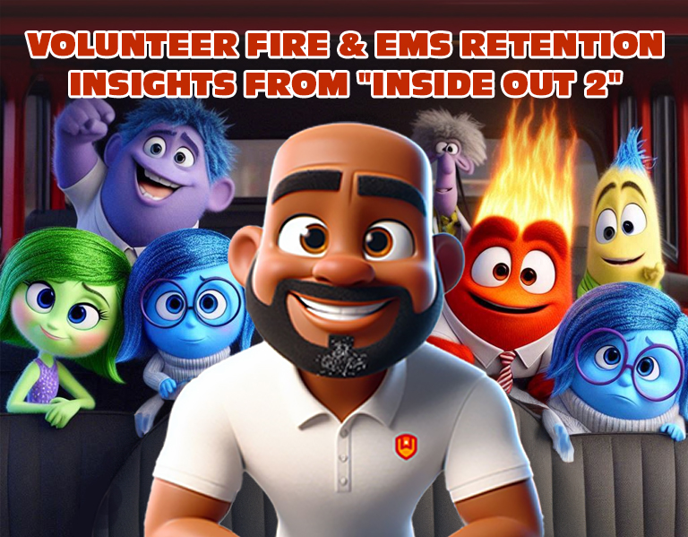 A smiling man sits in front of animated characters from Inside Out 2. Bold text above reads: “Volunteer Fire & EMS Retention Insights from 'Inside Out 2'.” The background suggests a playful and colorful atmosphere.