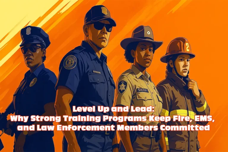 Four uniformed professionals—a police officer, a highway patrol officer, a sheriff, and a firefighter—stand side by side against an orange background. Bold text promotes the importance of strong training for first responders.