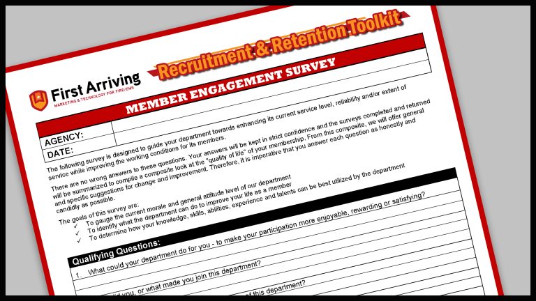 A close-up of a "Member Engagement Survey" form from First Arriving, featuring the "Recruitment & Retention Toolkit" header and blank fields for agency, date, and qualifying questions.