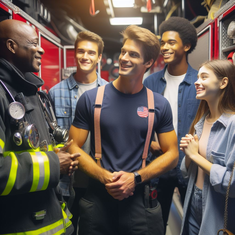 A firefighter in uniform talks and smiles with a diverse group of young people inside a fire truck, who look engaged and happy, suggesting a friendly and educational interaction.