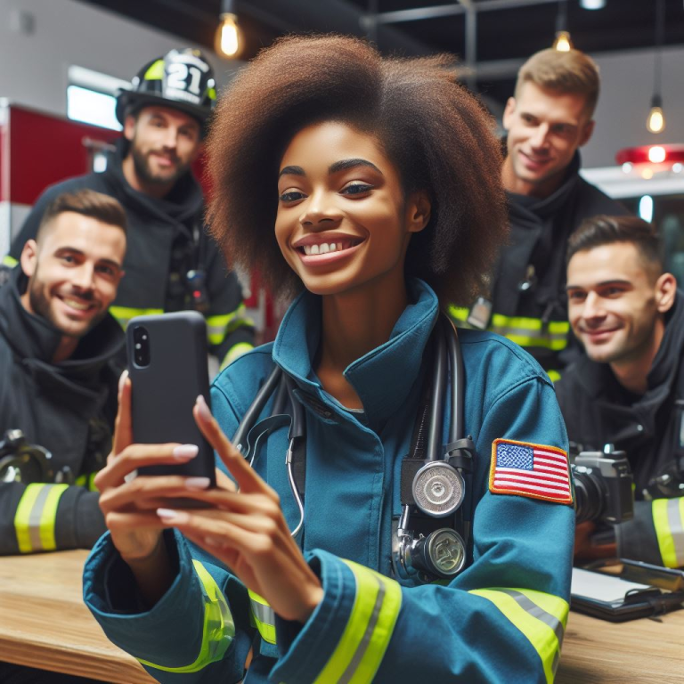 A smiling female firefighter takes a selfie with four male firefighters in uniform, all gathered indoors. The group appears cheerful, and emergency vehicles are visible in the background.