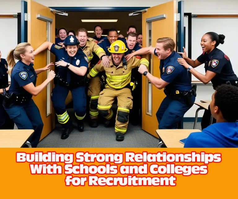A group of excited police officers and a firefighter energetically enter a classroom, smiling and interacting with students. Text at the bottom reads: "Building Strong Relationships With Schools and Colleges for Recruitment.