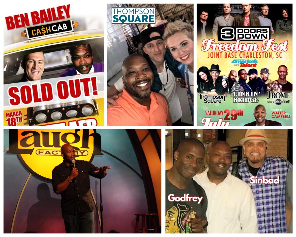 A collage shows a Ben Bailey Cash Cab show poster, a selfie with four people including Thompson Square, a Freedom Fest poster with 3 Doors Down, a man performing stand-up at the Laugh Factory, and a group photo with Godfrey and Sinbad.