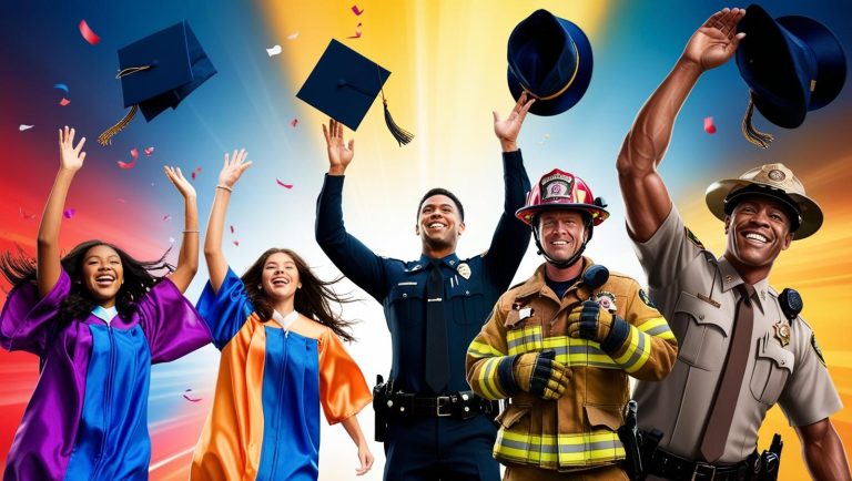 Two graduates in colorful gowns and caps celebrate alongside a police officer, firefighter, and sheriff, all smiling and raising their hats against a vibrant, radiant background.