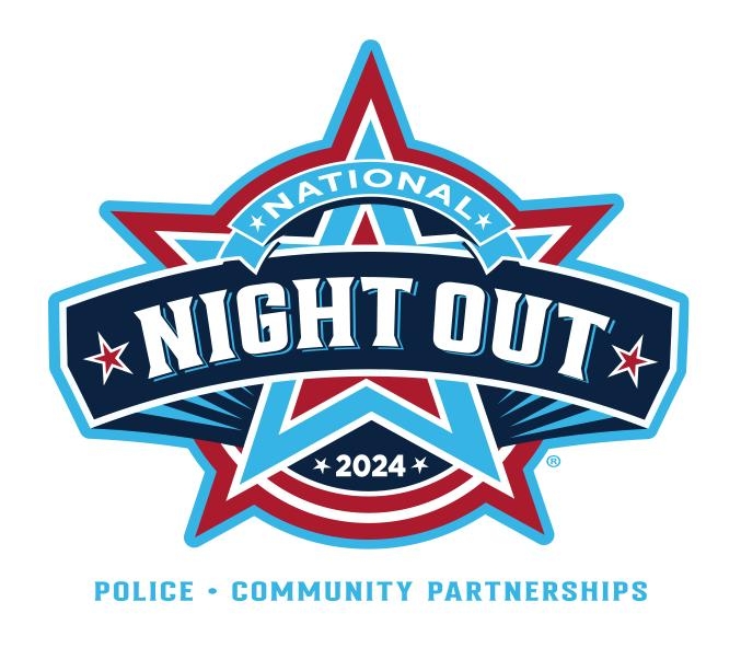 Logo for “National Night Out 2024” featuring a star design with red, blue, and white colors. Text below reads “Police • Community Partnerships.”.