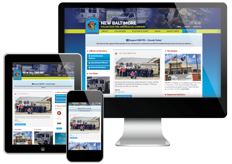 A website for the New Baltimore Volunteer Fire and Rescue Company is displayed on a desktop monitor, tablet, and smartphone, showing a responsive design with blue, yellow, and white elements and images of fire trucks and firefighters.