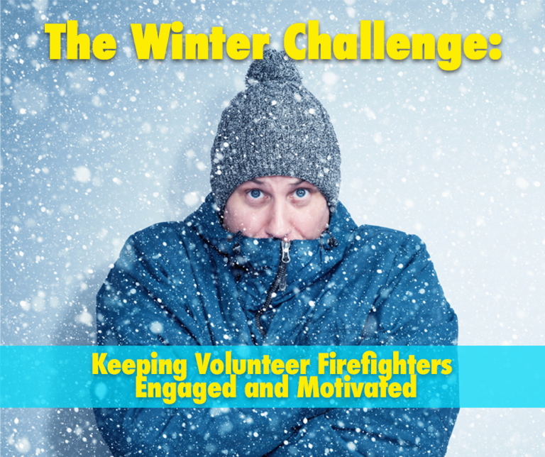 A person in a blue winter coat and gray hat stands in heavy snowfall, looking cold. Text reads: "The Winter Challenge: Keeping Volunteer Firefighters Engaged and Motivated.