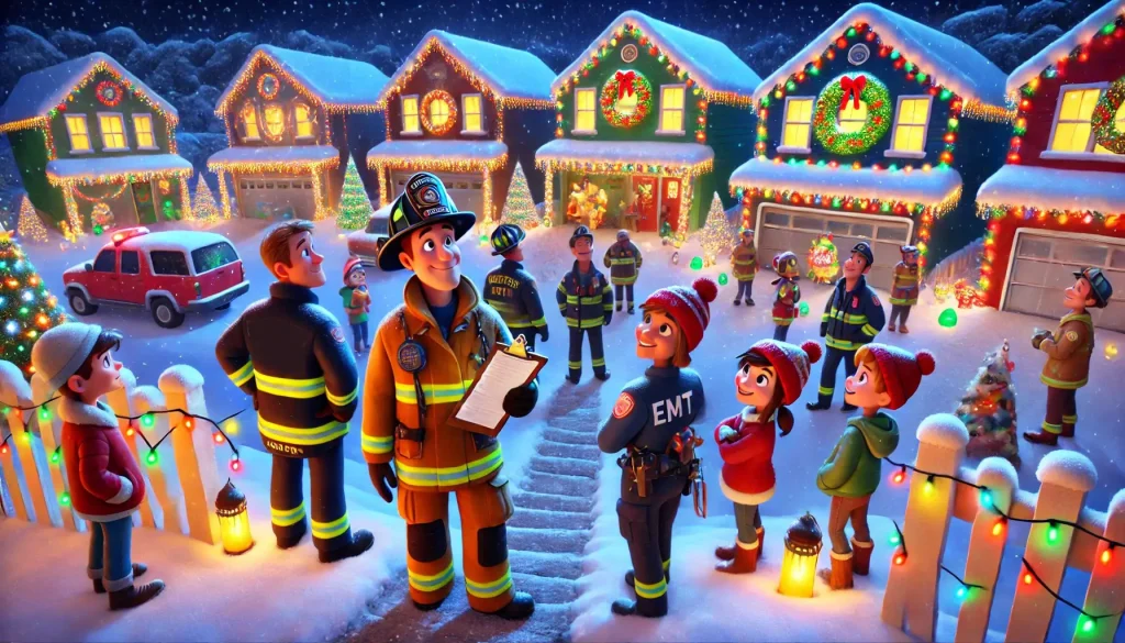 Animated scene of firefighters, EMTs, and children gathered in a snowy, festive neighborhood at night. Houses are decorated with colorful holiday lights and wreaths. Everyone appears cheerful and engaged in conversation.