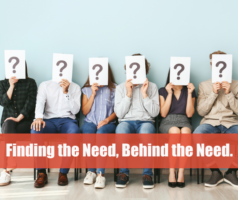 Six people sitting in chairs hold up papers with large question marks covering their faces. A red banner with white text reads, "Finding the Need, Behind the Need.