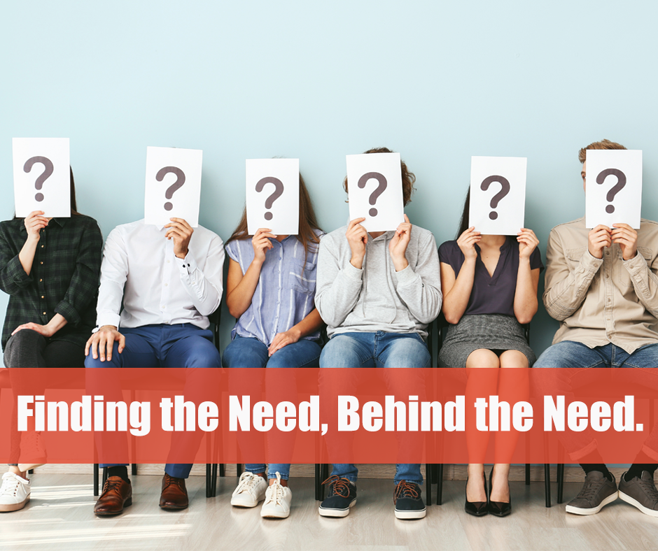 Six people sitting in chairs hold up papers with large question marks covering their faces. A red banner with white text reads, "Finding the Need, Behind the Need.