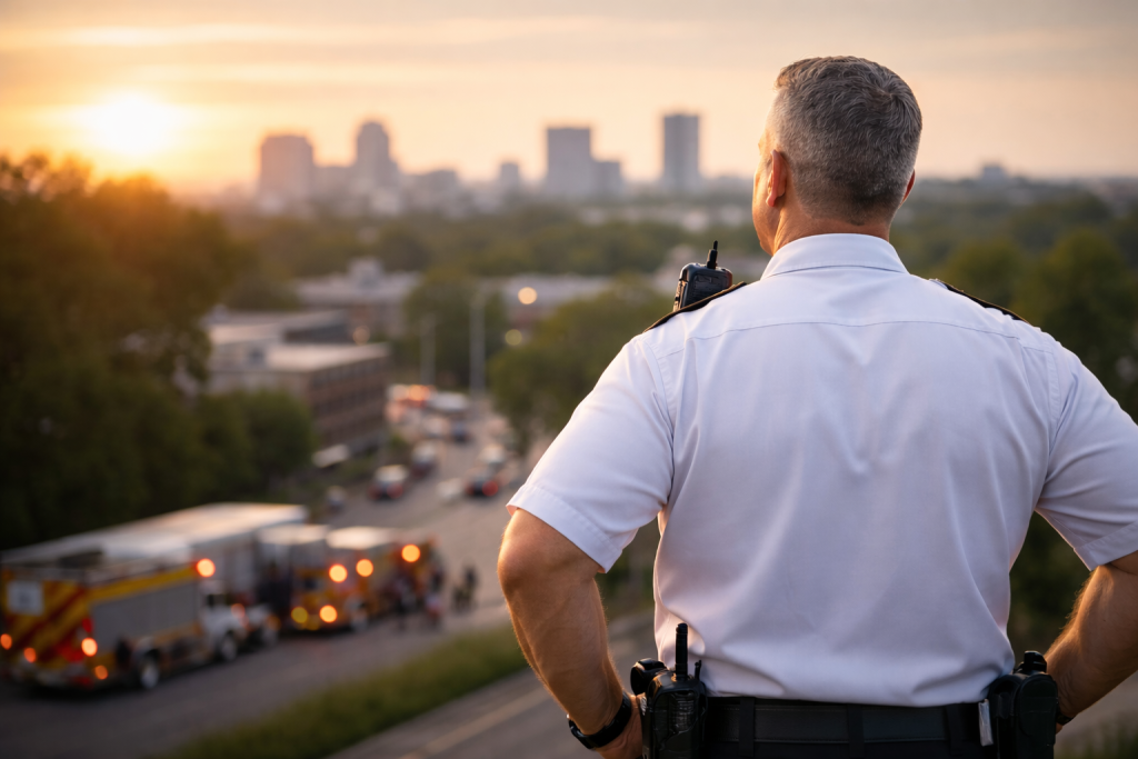 A uniformed Responder MAX stands on a hill, overlooking a city at sunset with blurred Fire Department vehicles and fire trucks gathered on the road below.